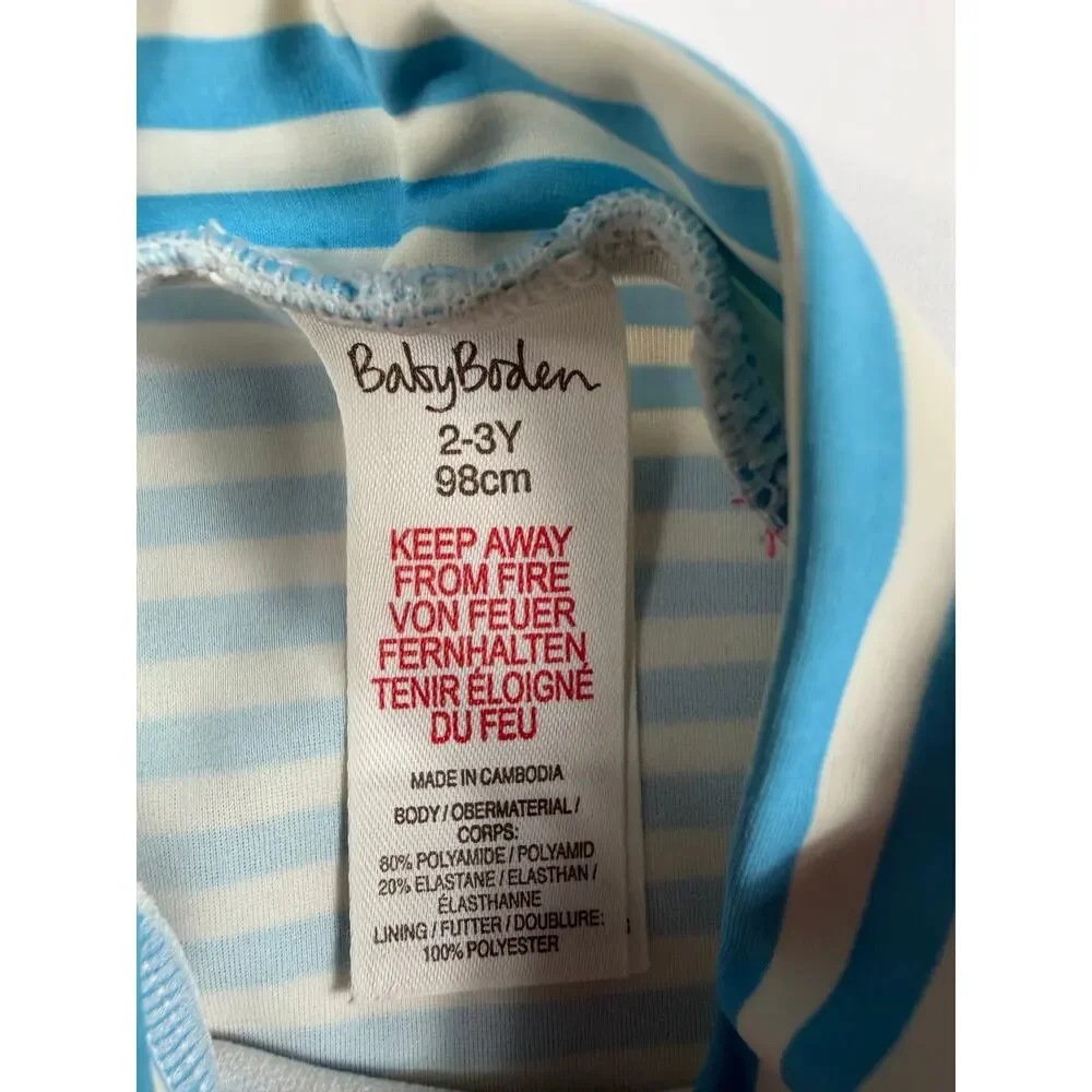 Mini Baby Boden Strawberry Applique Striped Long Sleeve Rash Guard Size 2-3 year